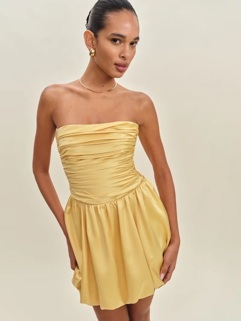 Reformation Clea Strapless Ruched Satin Mini Dress in Soft Yellow Size 0
